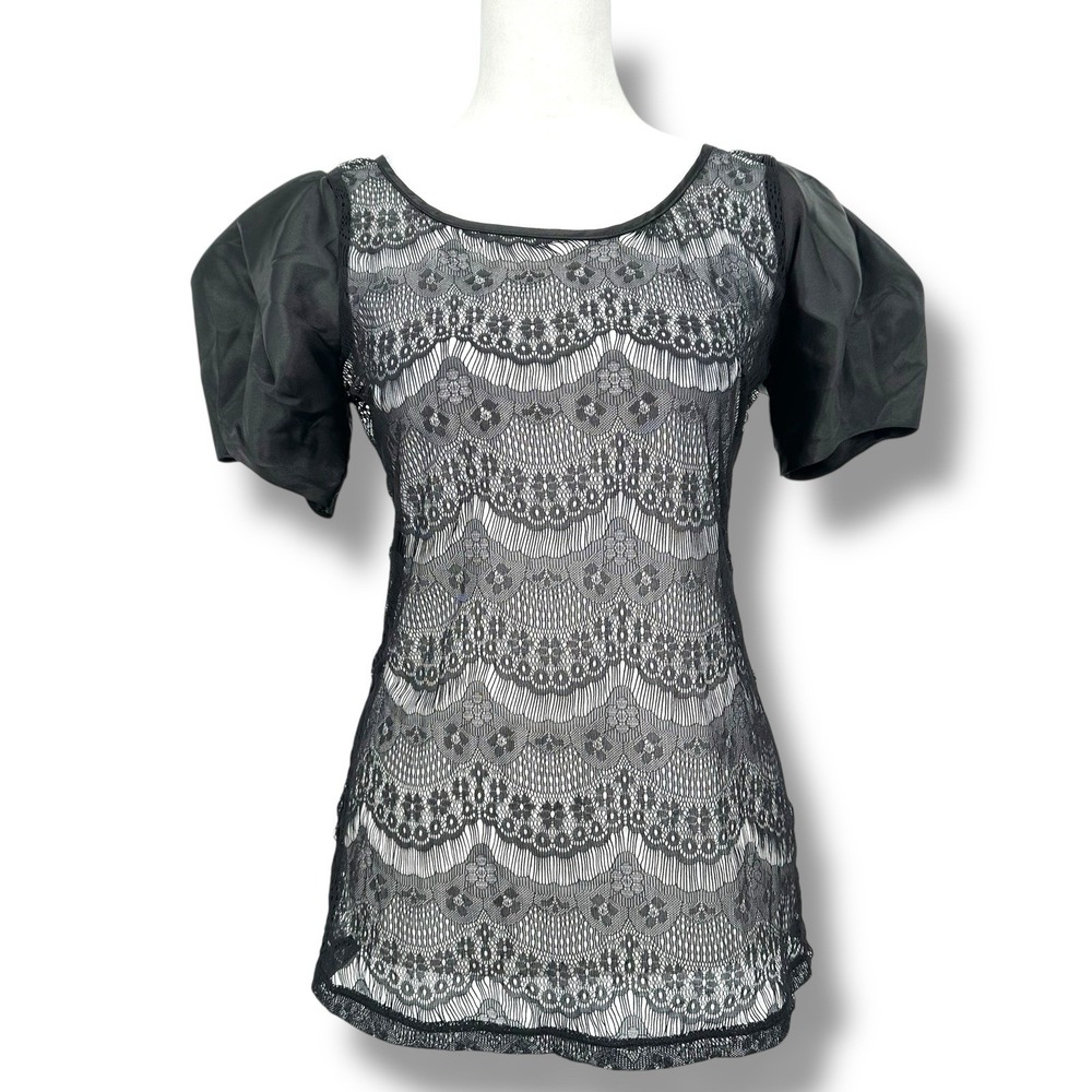 Charlotte Russe Y2K Black Lace Puff Sleeve Sheer Top Small Whimsygoth Fairy Goth